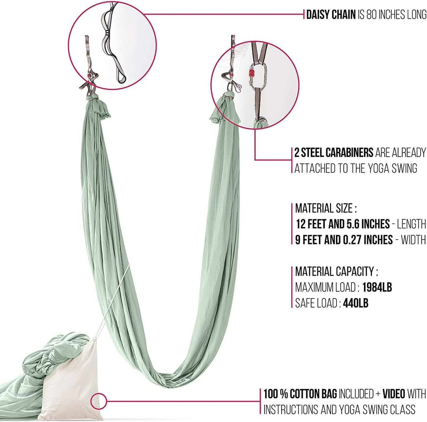 Pinc Active Silk Aerial Yoga Swing & Hammock Kit for Improved Yoga Inversions, Flexibility & Core Strength