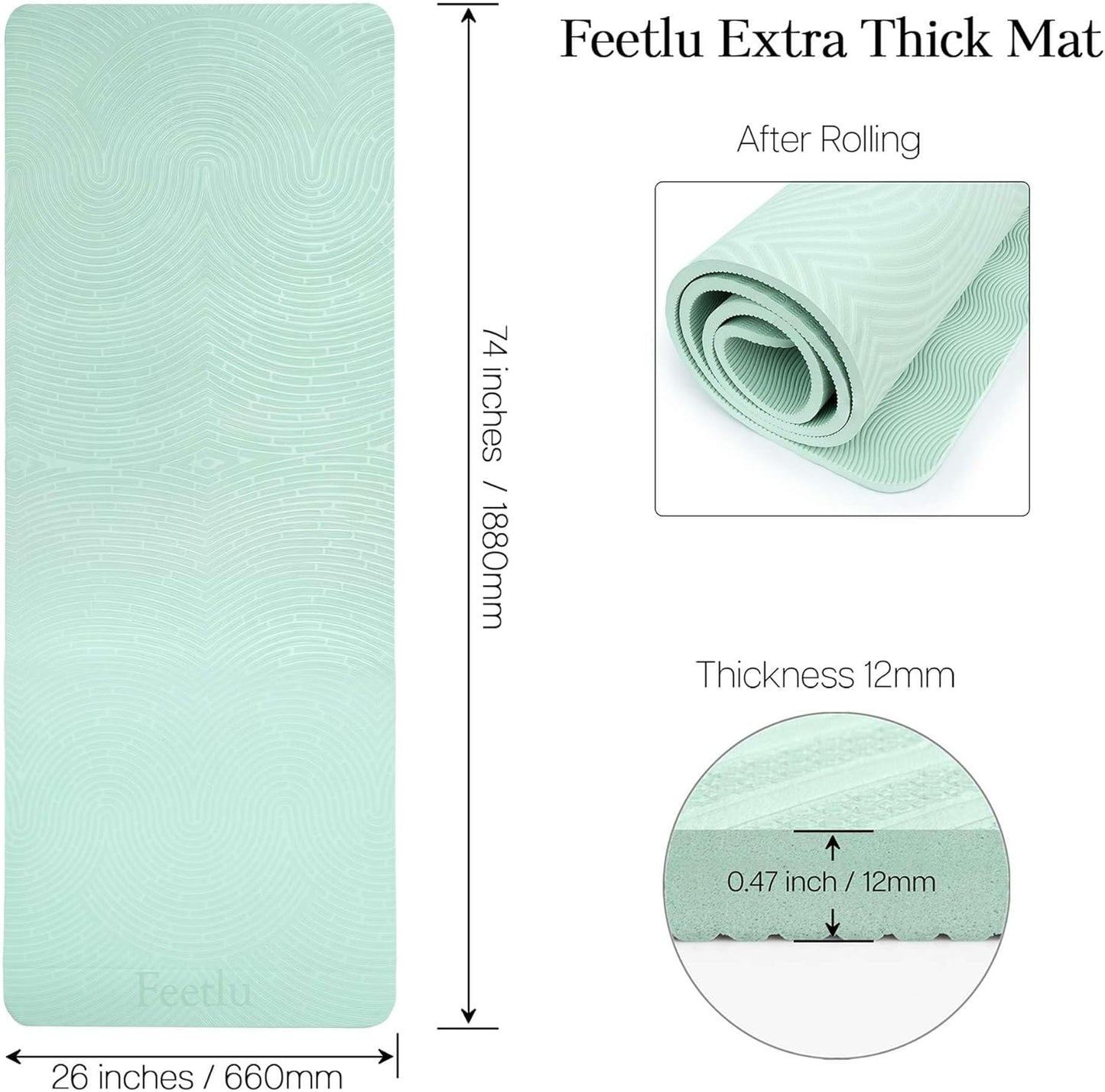 Extra Thick 12mm Exercise Mat – Non-Slip, Joint-Friendly & Cushioned Fitness Mat for Yoga, Pilates & Floor Workouts – Durable, Supportive & Includes Feetlu Classic Strap
