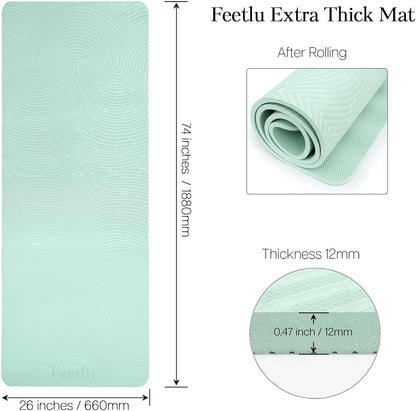 Extra Thick 12mm Exercise Mat – Non-Slip, Joint-Friendly & Cushioned Fitness Mat for Yoga, Pilates & Floor Workouts – Durable, Supportive & Includes Feetlu Classic Strap