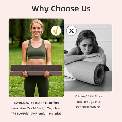 HAHE 7-Fold Design Extra Thick Yoga Mat 72"L x 24"W x 0.47",TPE Fitness Exercise Mats, Non-Slip Foldable Yoga Mat, High Density, Portable for Men & Women, Yoga, Pilates, Home Gym