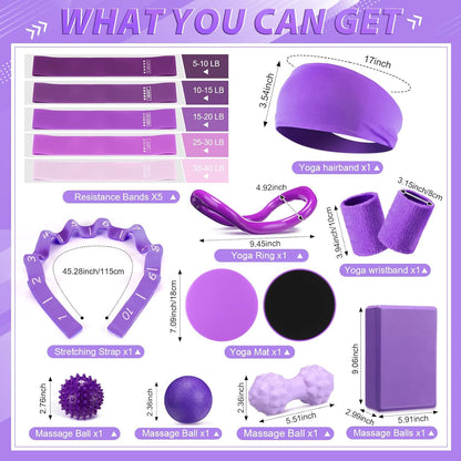 Halloscume 24 Pcs Home Pilates Essentials Kit for Women, Pilates Equipment Ring and Ball Set with Stretching Strap, Water Bottle, Magic Circle, Yoga Ring, Gym Bag, Resistance Band, Anti Slip Socks