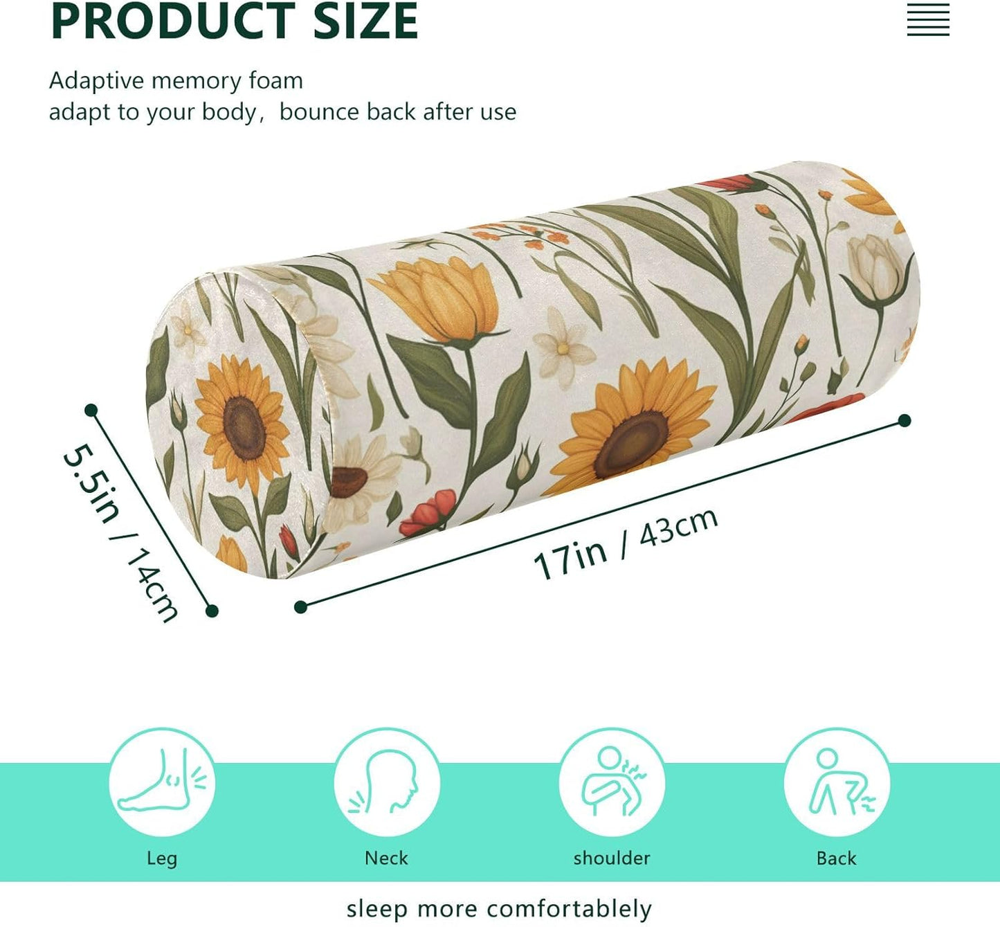 c Neck Roll Pillow Bolster Round Health Memory Foam Long Cervical Cylinder Pillows with Removable Washable Cover for Body Bed Legs Back Yoga - Colors A
