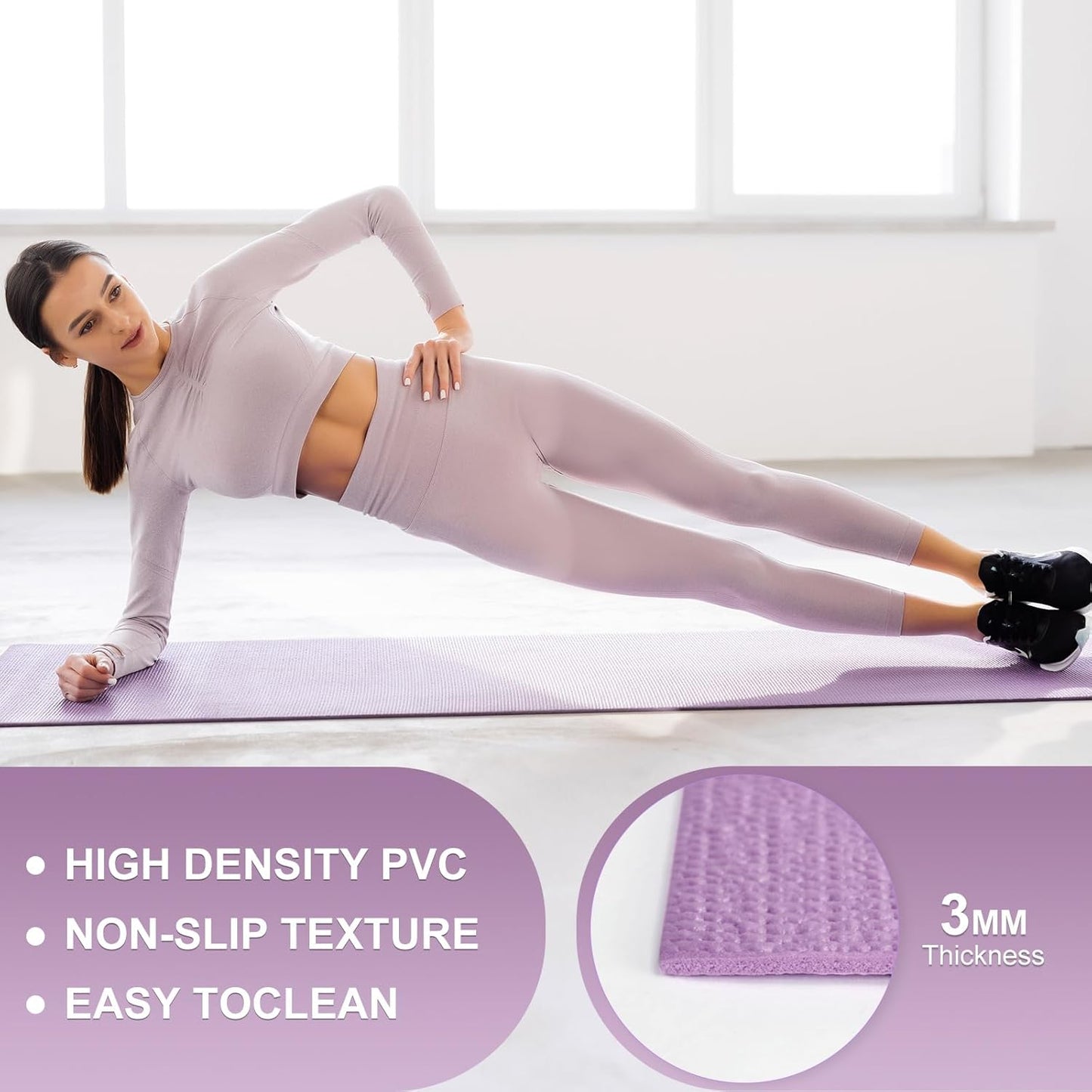 3 mm Thick Yoga Mat Bulk, Non Slip Exercise Workout Fitness Pad for Women Men, Gym Home Yoga Pilates, Easy to Clean, Sturdy PVC