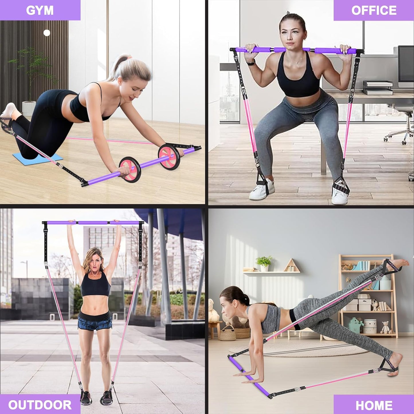 BBTOPS Pilates Bar Kit with Resistance Bands,Ab Roller,2 in 1 Foot Strap & Handle,Door Anchor Pilates Equipment with Resistance Bands, Portable Home Gym Yoga Fitness Bar for Women & Men