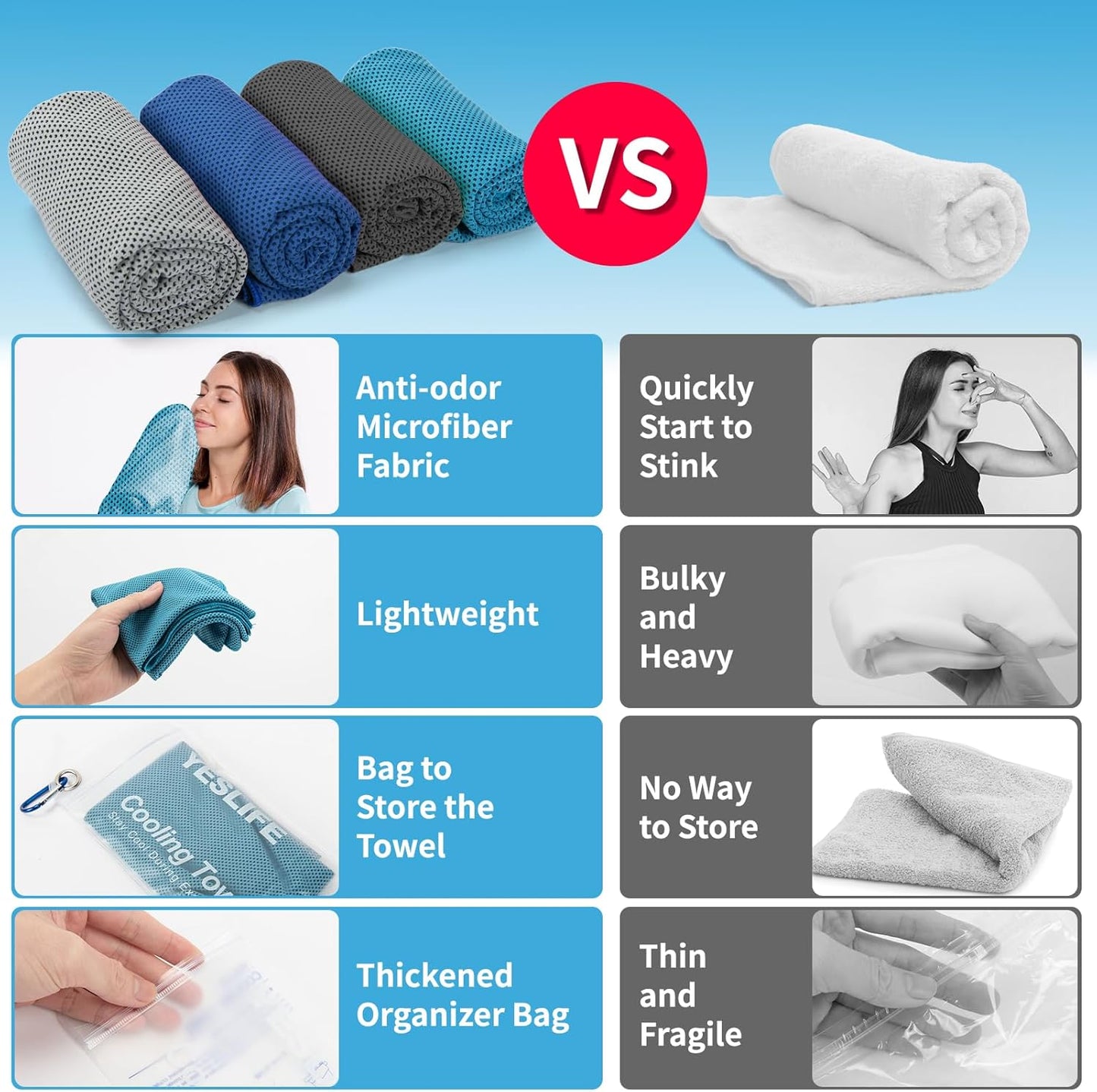 YESLIFE 4 Pack Cooling Towels 40"x12", Gym Towels for Men and Women, Soft Breathable Workout Towels for Yoga, Running, Sport, Workout, Camping, Fitness & More (Blue, Grey, Green, Pink)