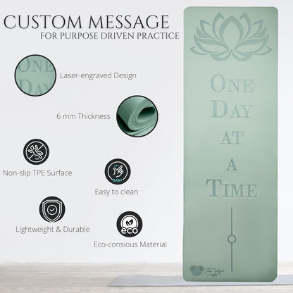 Recovery Lyfe Yoga Mat – “One Day at a Time” Engraving, Non-Slip Eco TPE, Sage Green, 72" x 24" x 6mm, Yoga & Meditation Mat for Recovery and Grounding