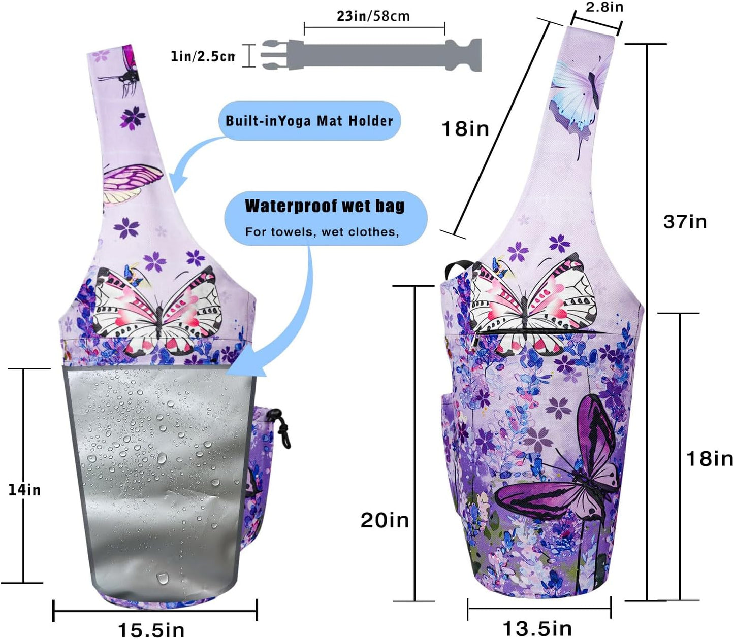 Yoga Mat Bag - Large Opening Long Tote Yoga Mat Carrier Holder Bag with Waterproof Wet Zipper Pocket and Drawstring Water Bottle Pocket - Yoga Bag Fit Most Size Mats