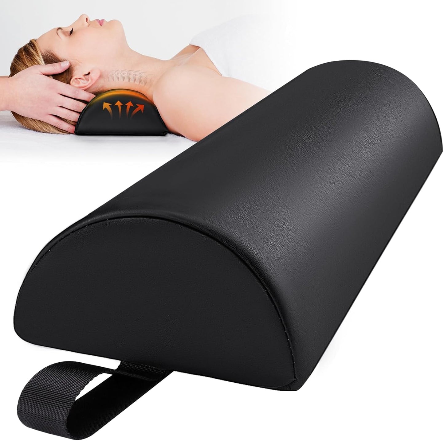 Half Round Massage Bolster for Neckrest, 17 x 6 x 4 in PU Leather Neck Pillow with Strap Handle, Comfortable Half Moon Bolster Pillow for Legs Under Knees Back Pain Relief Massage Table Bolsters, Blue
