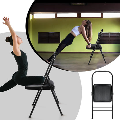 RattanView Yoga Auxiliary Chair with Lumbar Back Support Backless Folding Metal Foldable Flexibility Exercise Chair Balance Handstand Training Tool for Back Pain Relieving Strength Training