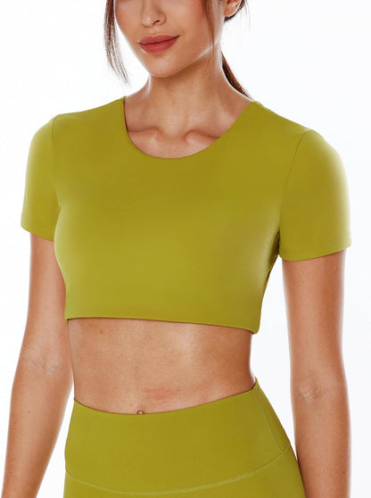 ENERBLOOM Open Back Workout Crop Tops for Women Backless Yoga Shirts Gym Short Sleeve Mild Support Compression Tee with Bra