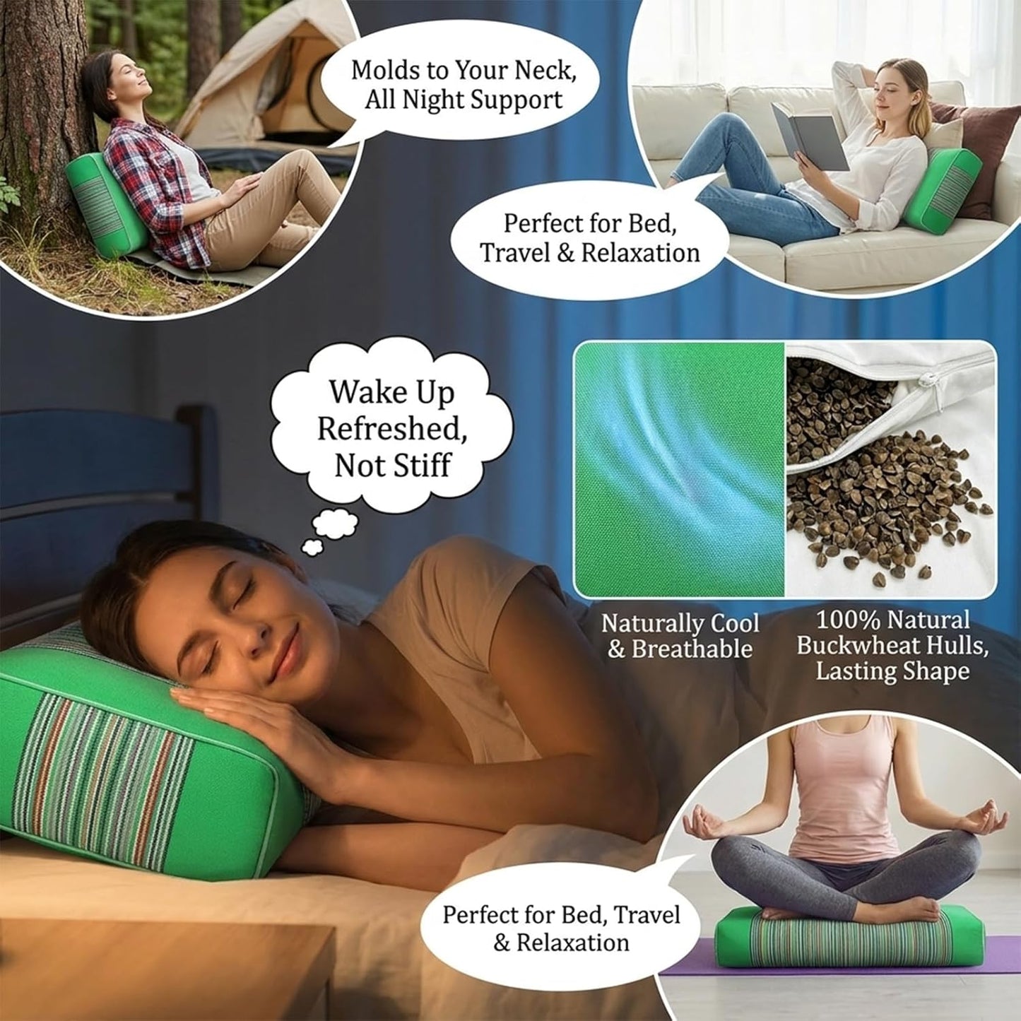 Adjustable Buckwheat Hull Pillow for Neck Pain Relief (21x8x4in) Natural Cooling Cervical Support Organic Pillow for Side & Back Sleepers with Night Sweats (Grey)