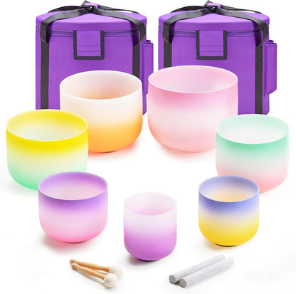 CVNC 432Hz 7-12 Inch Crystal Singing Bowl Set of 7 with 2 Pcs Carrying Case Bag, Frosted Quartz Crystal Sound Bowls for Chakra, Sound Therapy, Meditation Energy