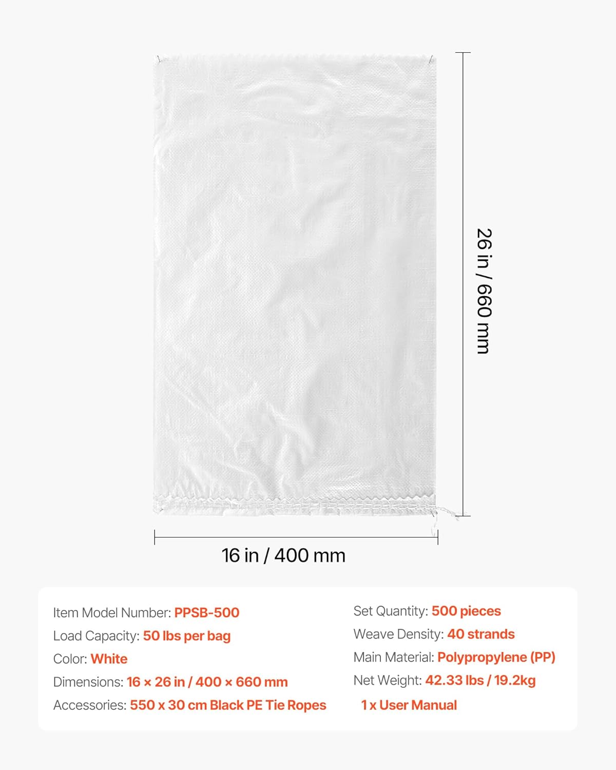 VEVOR Heavy Duty Sand Bags, 50Pack 14" x 26", Empty Sandbags for Flooding with Tie Strings, Woven Polypropylene Sand Bag with 1600 Hours of UV Protection, 50Lbs Capacity