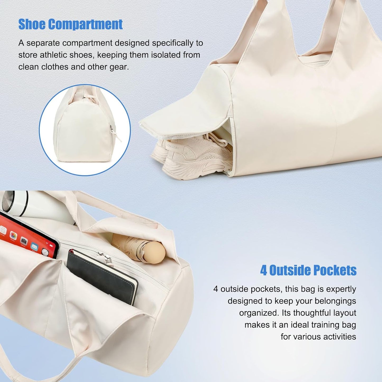 forestfish Yoga Gym Bag for Women with Shoes Compartment & Wet Dry Storage Pockets Lightweight Duffel Bag, Beige