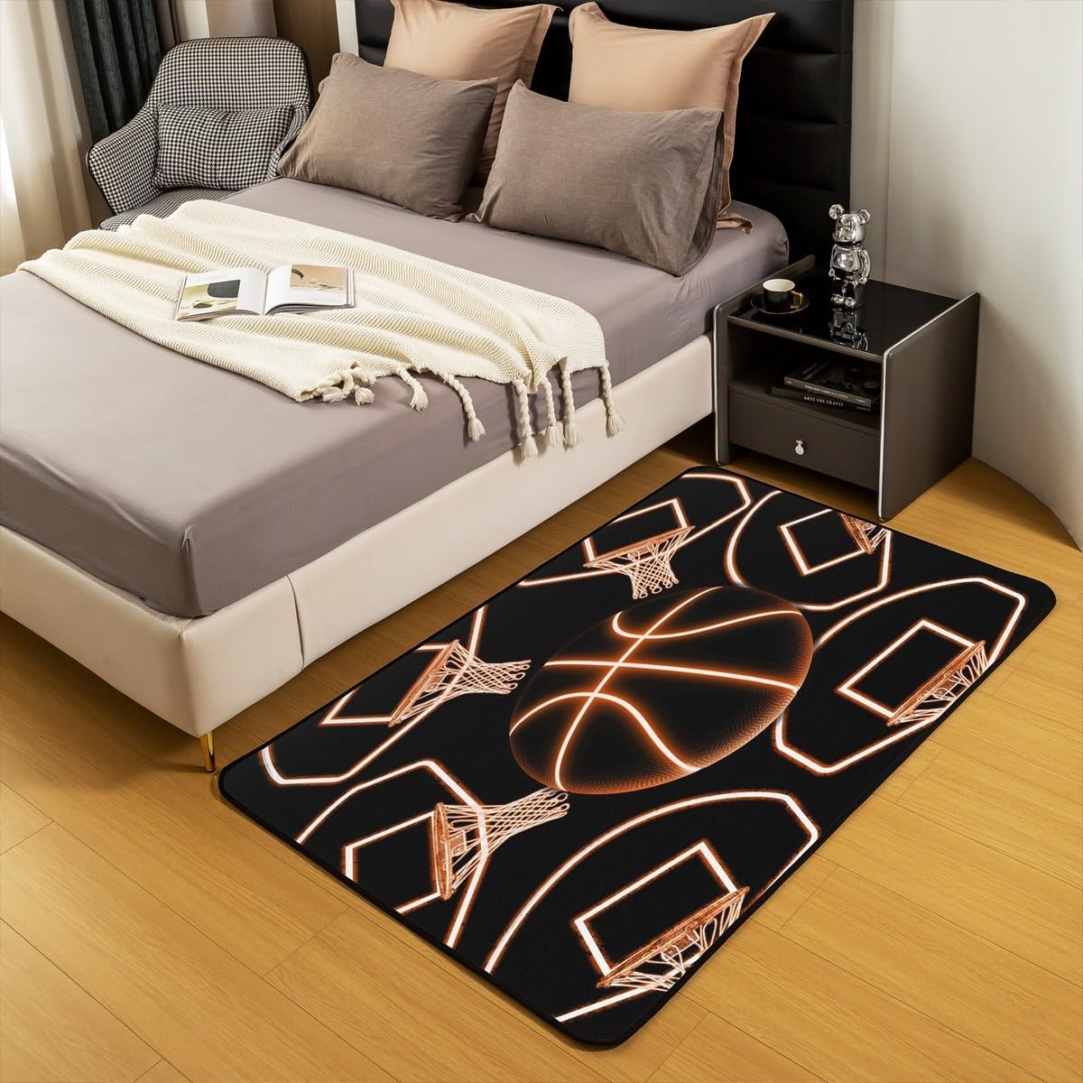 jejeloiu Basketball Living Room Rugs for Bedroom 5x7 Kids Gaming Sports Decor Carpet for Boys Girls Teens Ball Games Area Rug Soft Gift for Basketball Lover Grey and Black Room Decor