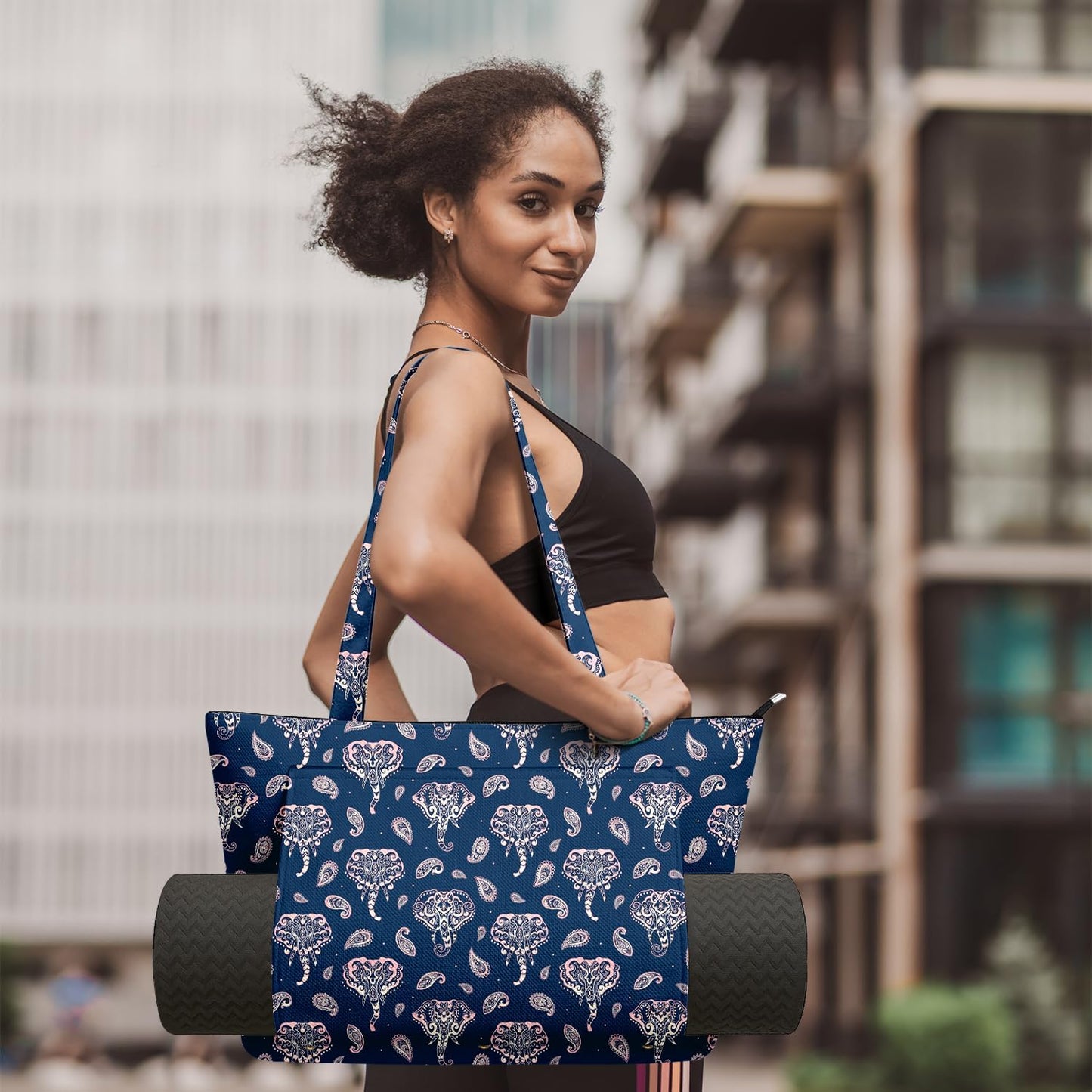 Yoga Bag for Women, Large Canvas Yoga Mat Tote Bag with Yoga Mat Carrier - Large Mat Pocket Fitness Tote for Pilates, Gym, Travel, Office & Beach