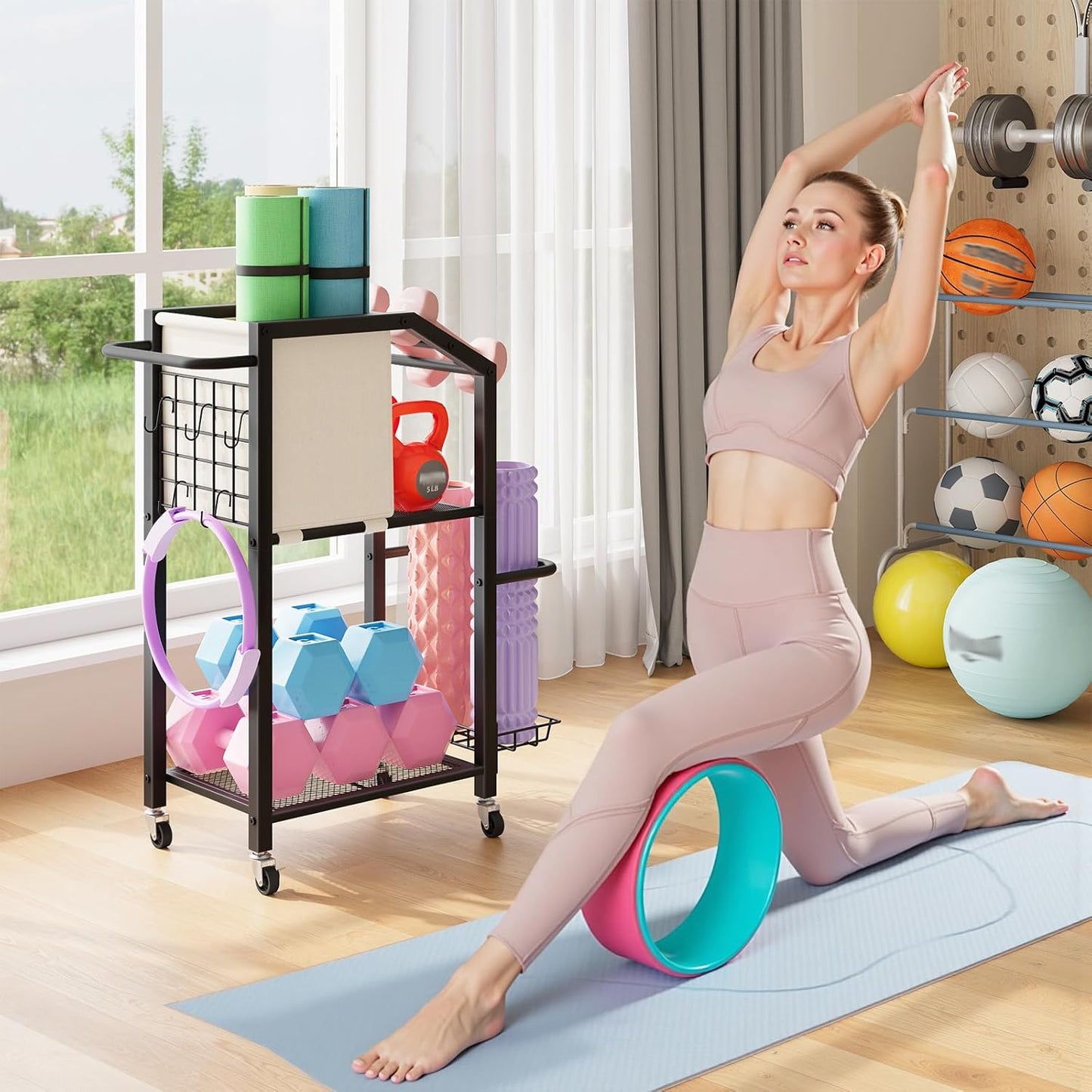 HOOBRO Dumbbell Rack, Weight Rack for Dumbbells, Yoga Mat Storage Rack, Home Gym Storage Rack for Dumbbells Kettlebells Foam Roller, Workout Storage Organizer with Wheels & Hooks, Black BE85CJ01N1