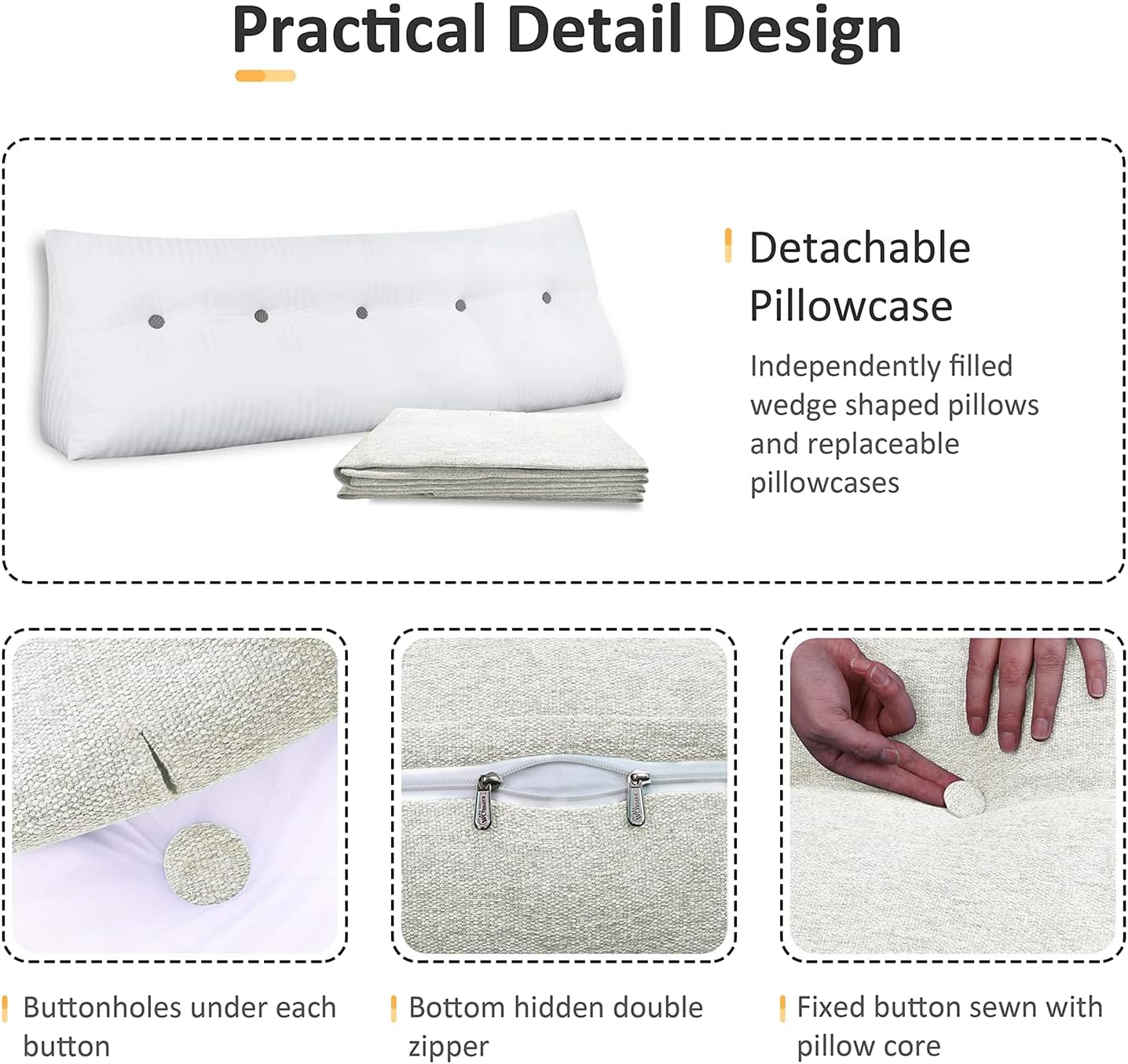 Cotton Linen Daybed Pillow Large Filled Triangular Soft Headboard Wedge Cushion Bed Backrest Positioning Support Reading Pillow for Adult Shoulder Lumbar Leg Bolster（Yellow, Small）