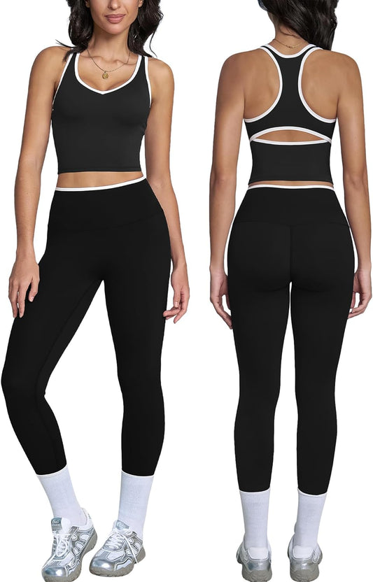 ABOCIW Womens Color Block Workout Sets Racerback Tank Top High Waist Leggings Gym Set Yoga Pilates Outfits