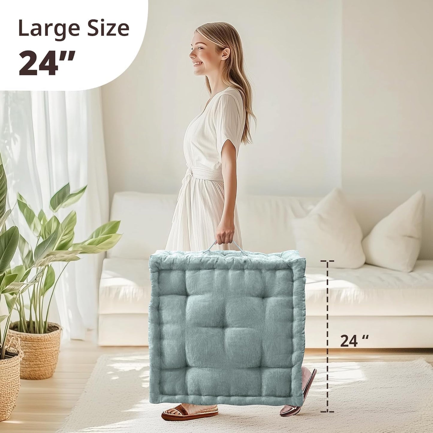 Intelligent Design Large Floor Pillow for Adults Yoga or Meditation Cushion with Handle, Floor Cushion for Board Games, Lustrous Chenille Tufted, Handsewn Scalloped Edge, Azza, 24" x 24" x 5" Yellow
