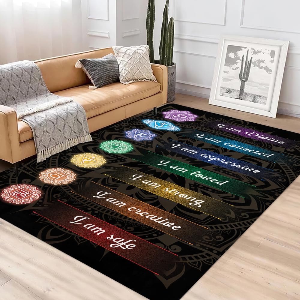 Chakra Area Rug, Meditation & Yoga Carpet for Living Room, Bedroom Mandalas Boho Style Non-Slip Machine Washable Rugs for Women Adults Yoga Lovers Bohemian Floor Mat Office Decor (YOGA-DS01)