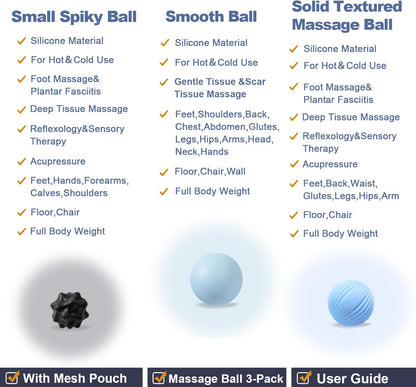 Silicone 3-Piece Massage Ball Set - Peanut, Textured and Spiky Lacrosse Balls to Relieve Tension,Muscle Knots & Plantar Fasciitis with Deep Tissue Release for Foot,Back,Hip,Arm & Legs