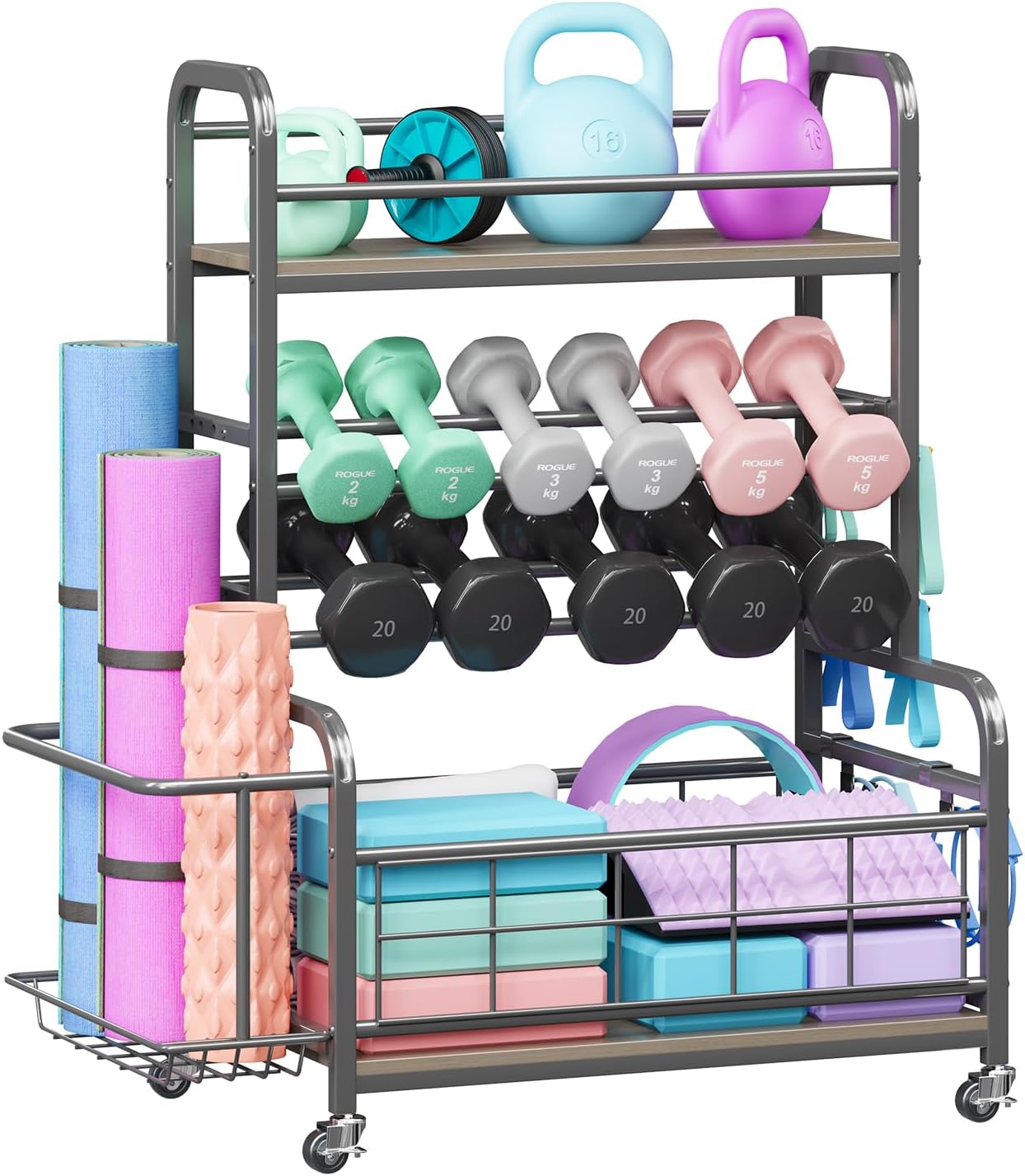 Homeiju 450LBS Dumbbell Rack,Weight Rack for Dumbbells,Weight Rack for Home Gym,Home Gym Storage for Strength Training Dumbbell Racks Stand with Wheels&Hooks