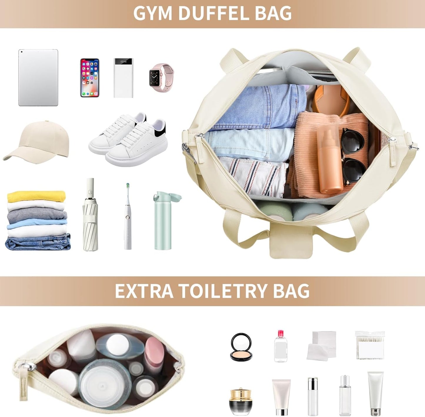 ETRONIK Gym Bag for Women, Personal Item Travel Bag with Shoes Compartment, Weekender Overnight Duffel Bag with Wet Pocket, Carry On Bag for Women, Travel, Gym, Weekend (Beige)
