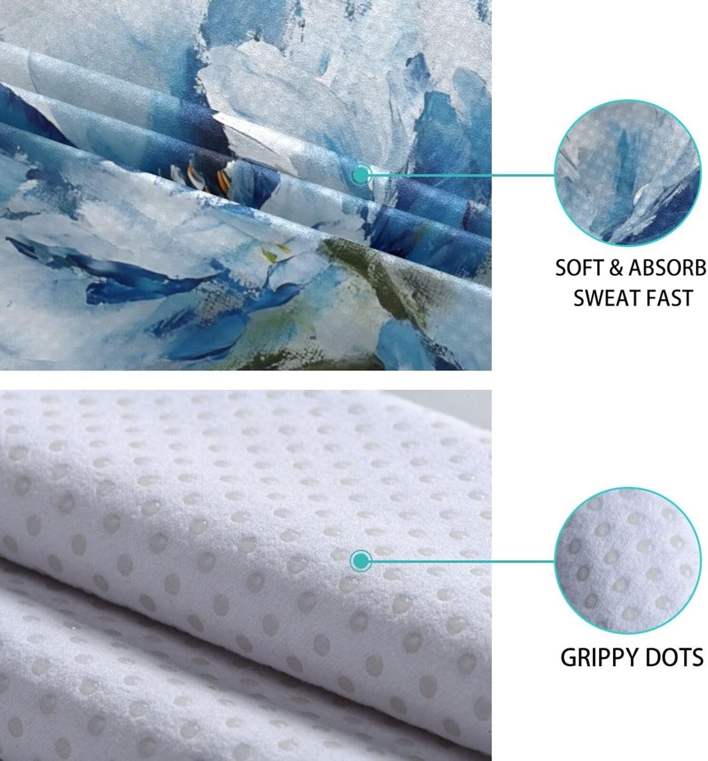 Yoga Towel with Silicone Grip Blue Flowers Oil Painting – Sweat Wicking Non-Slip Microfiber Mat Cover for Hot Yoga Pilates Fitness, Skid Resistant for Home Gym Studio