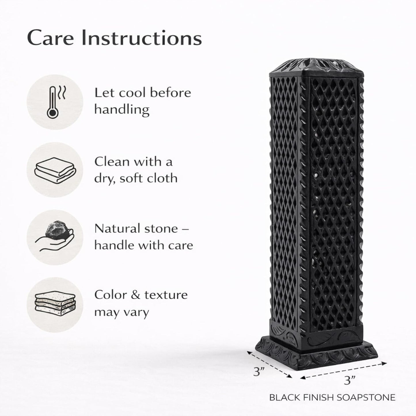 Handmade Marble Black Soapstone Incense Stick Burner | Candle Stick Holder | Tea Light Burner - Perfect Jaali Carving for Gifting. Decorative Home and Kitchen Decor (3 x 3 x 11 Inches).