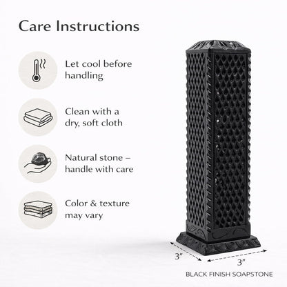 Handmade Marble Black Soapstone Incense Stick Burner | Candle Stick Holder | Tea Light Burner - Perfect Jaali Carving for Gifting. Decorative Home and Kitchen Decor (3 x 3 x 11 Inches).