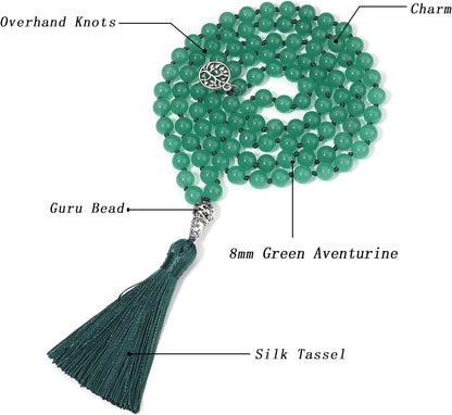 108 Mala Beads Necklace Semi-Precious Gem Stones Meditation Necklace 108 Hand Knotted Japa Mala Beaded Tassel Necklace with Tree of Life Pendant