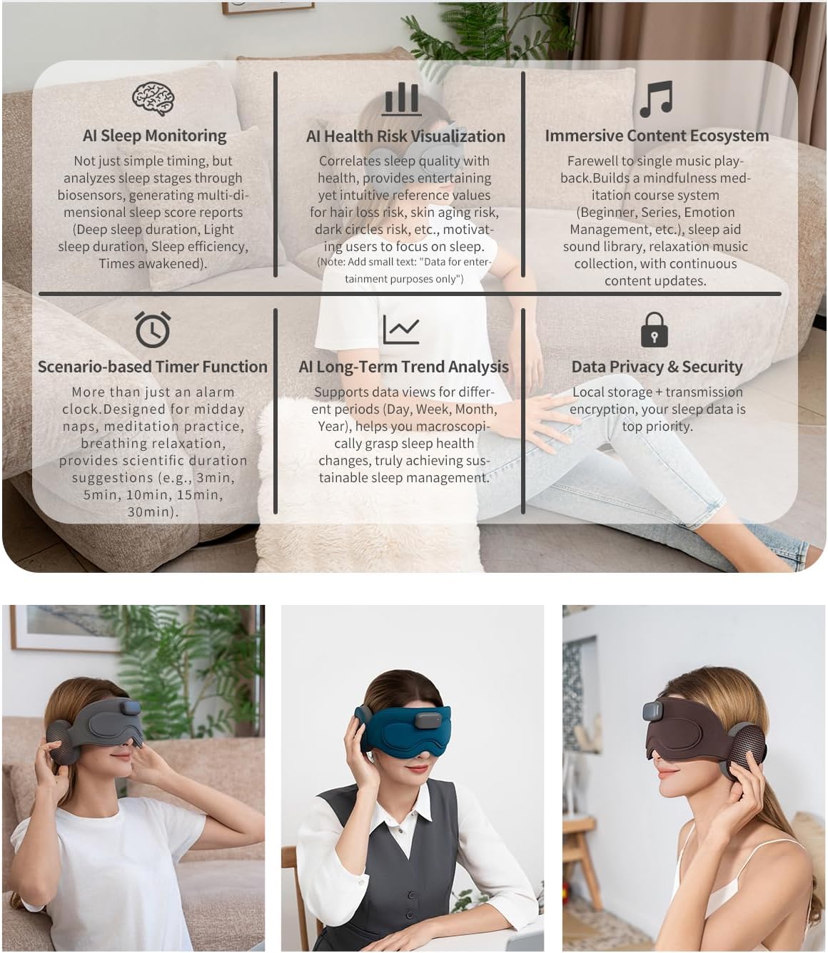 Meditation Eye Mask Sleep Mask with Meditation Music | Portable Sleep Headphones, Pressure-Free & Light Block-Out Eye Mask, One-Touch Operation via APP for Sleeping, Meditation & Travel (Gray)