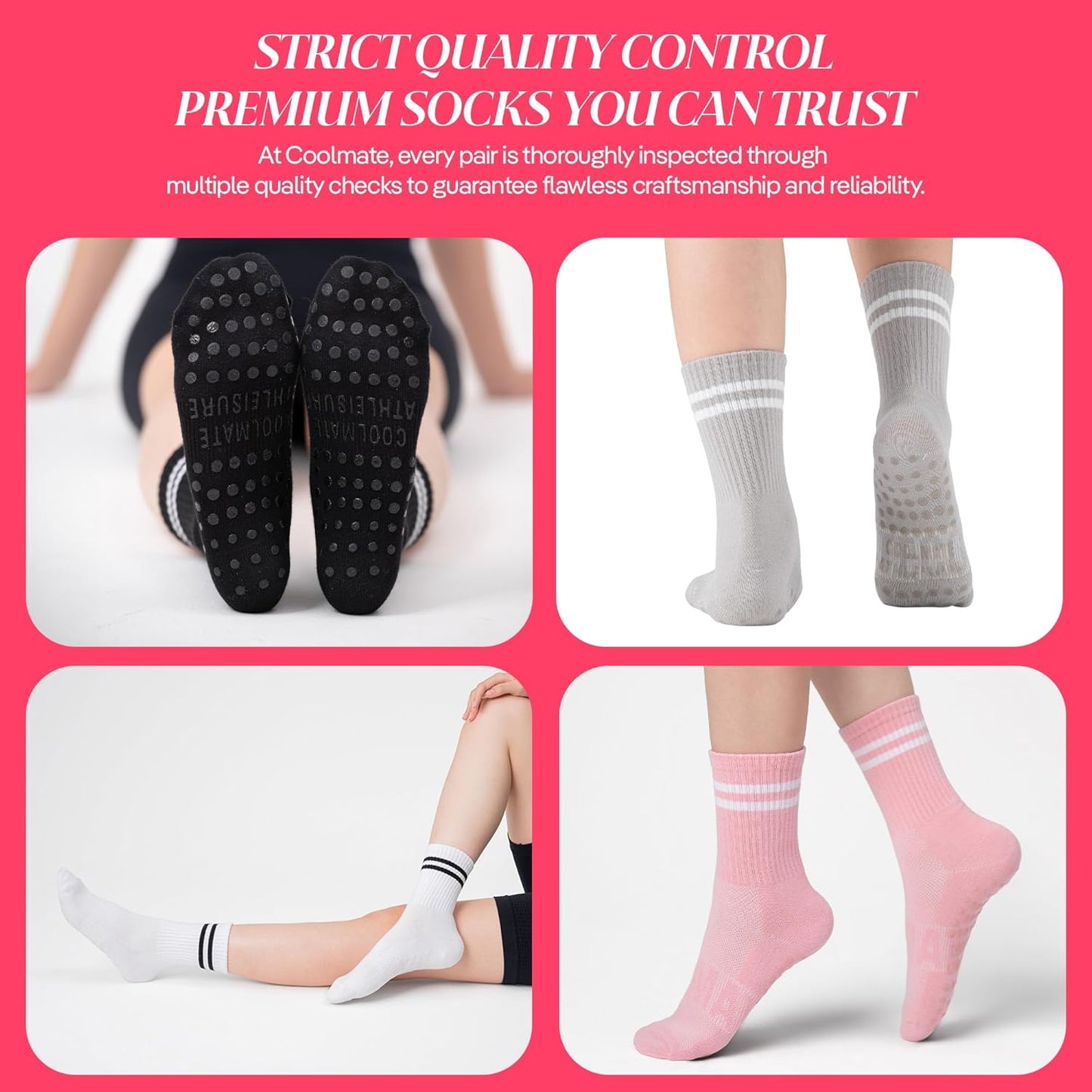 COOLMATE Pilates Socks with Grips for Women, Yoga Socks, Crew Non Slip Women for Barre, Pilates Gifts for Women - Colors B