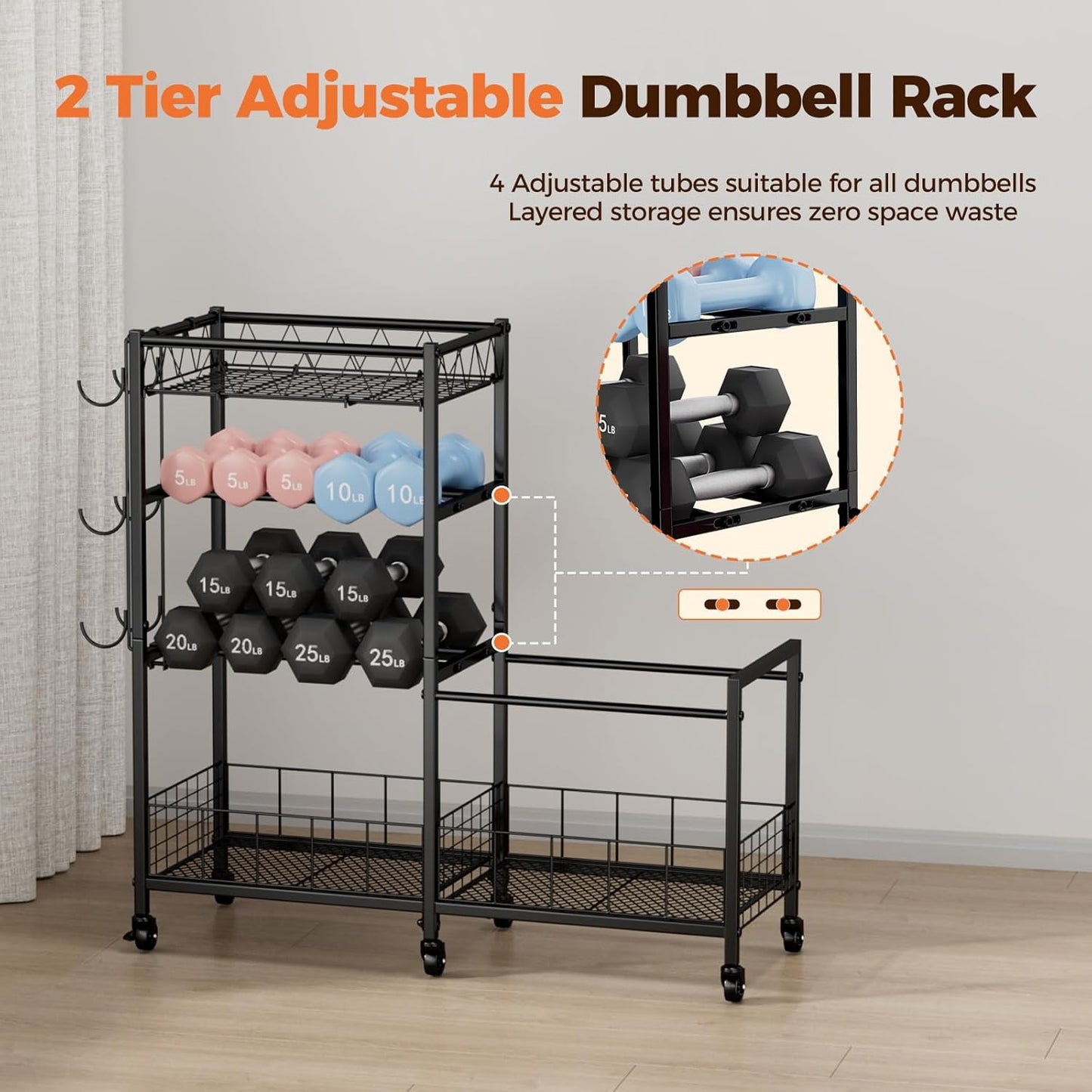 HavenlyYouth Dumbbell Rack, Home Gym Weight Rack Storage, Adjustable Dumbbell Stand Organizer with Wheels, Holds Dumbbells, Kettlebells, Yoga Mats