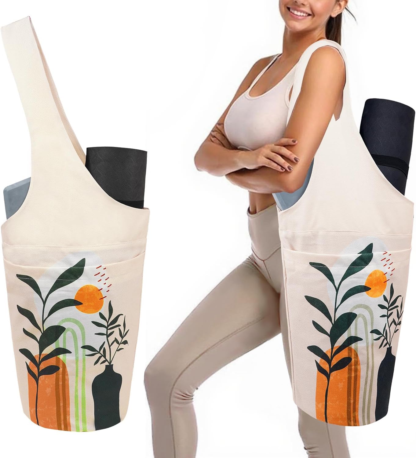 Yoga Mat Bag Carrier for Women with Side Large Pocket Durable Linen Workout Gym Travel Storage Pilates Mats