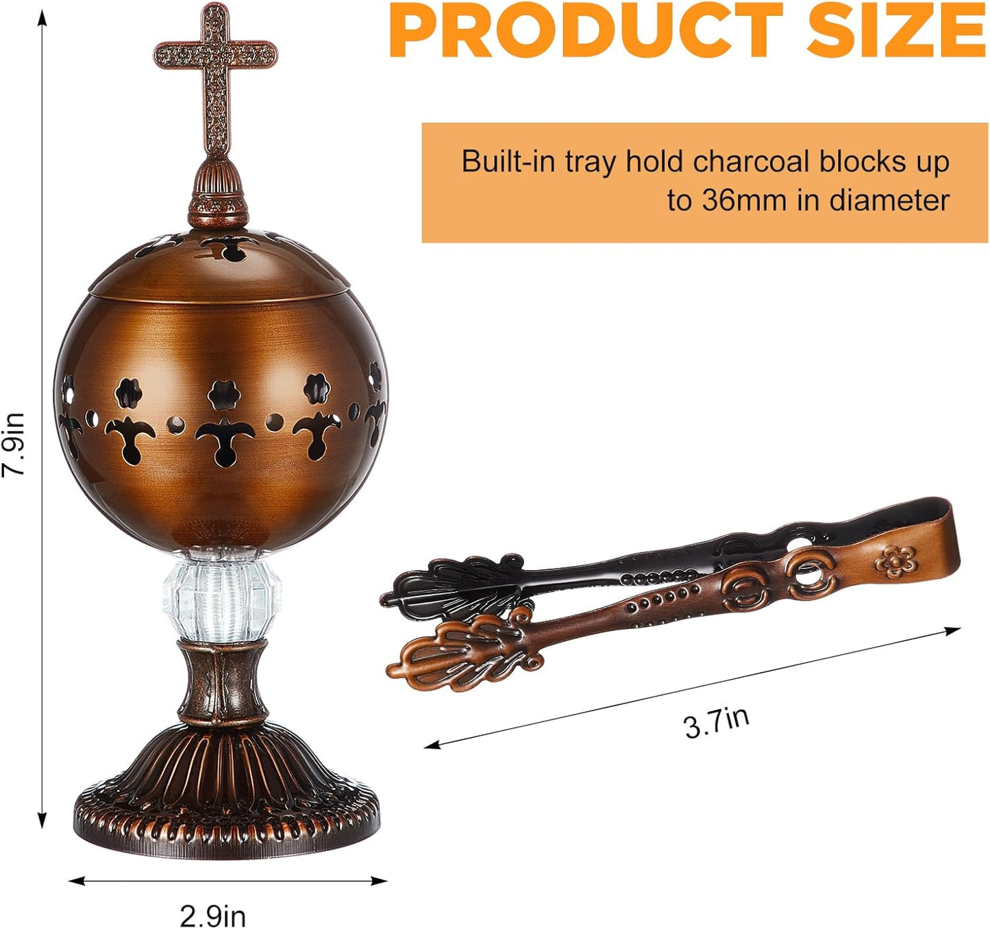 Zonon 1 Set Incense Burner with Tong, Frankincense Charcoal Incense Stand Holder, Ideal for Yoga, Spa, Aromatherapy, Home and Christian Church Censer (Gold,Retro)