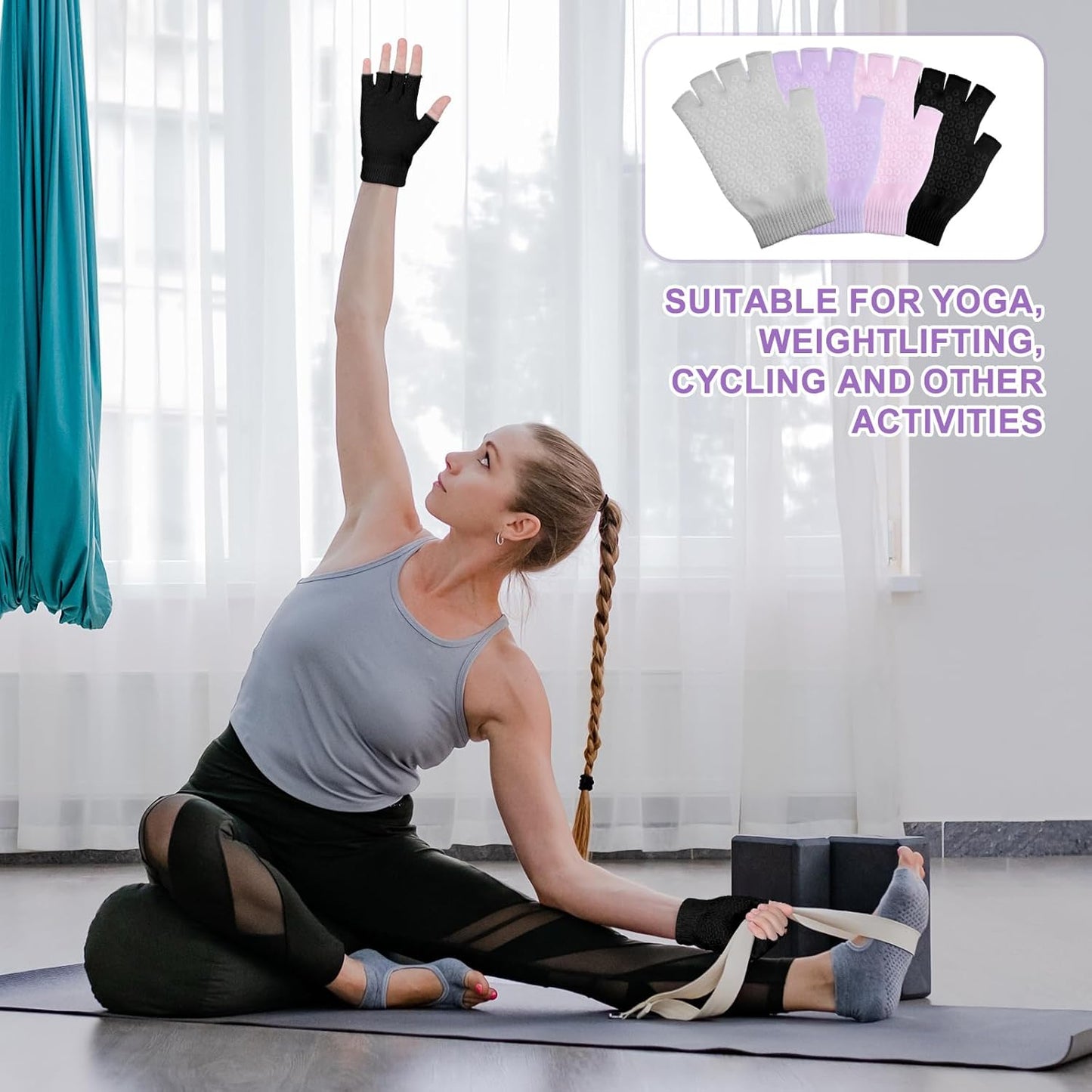 Eurzom 4 Pairs Fingerless Yoga Gloves with Grips for Women Silicone Dots Pilates Exercise Gloves Cotton Mittens Protection Equipments