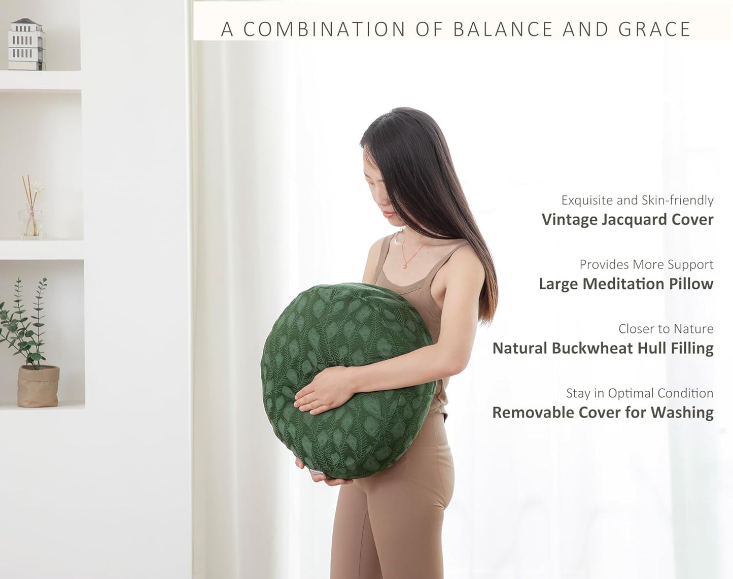 Meditation Cushion, Comfortable Meditation Pillow with Peacock Feather Jacquard Cover. Buckwheat Hull Filled Zafu Floor Pillow 16 * 16 * 5 in