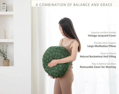 Meditation Cushion, Comfortable Meditation Pillow with Peacock Feather Jacquard Cover. Buckwheat Hull Filled Zafu Floor Pillow 16 * 16 * 5 in