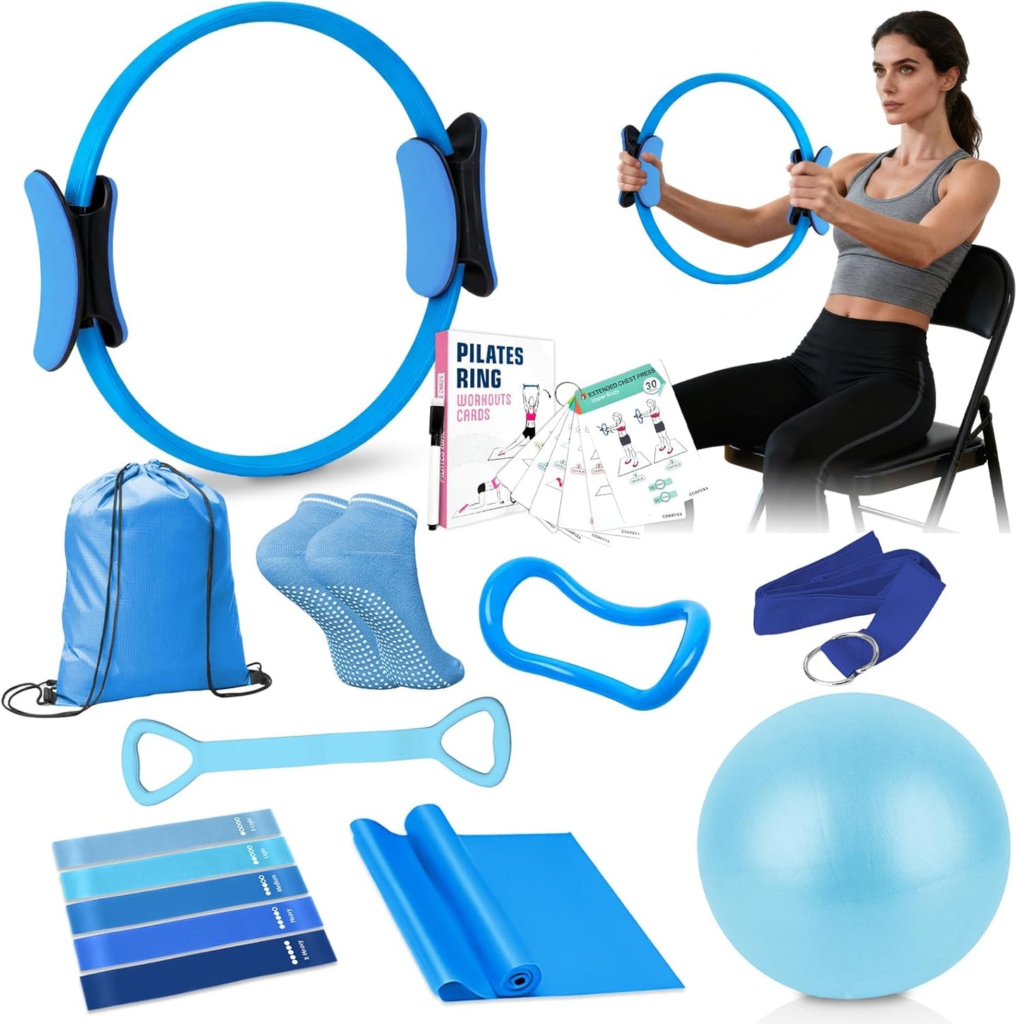 Pilates Kit for Women Pilates Equipment Ring and Ball Set Magic Circle Hoop with 5 Resistance Bands Compact Toning Fitness Essentials Starter Set Accessories with Exercise Guide