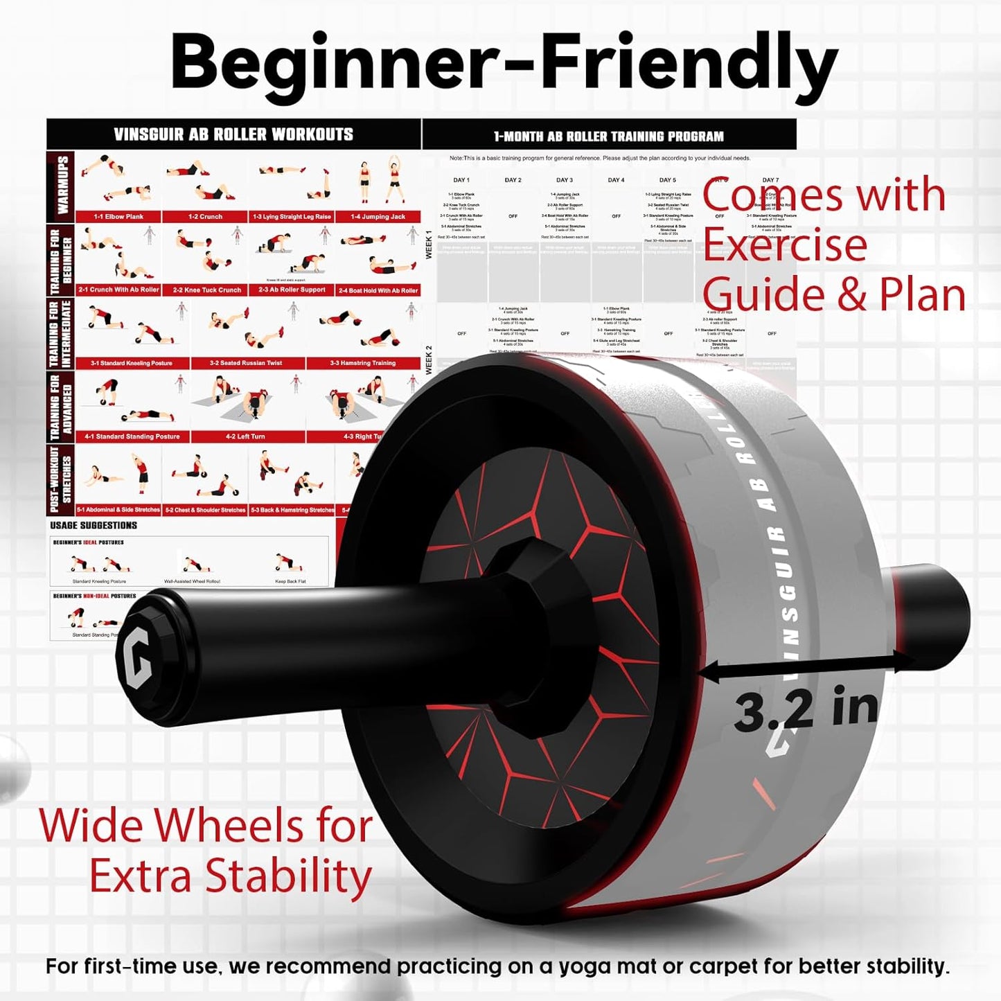 VINSGUIR Ab Roller Wheel, Abs & Core Workout Equipment for Home Gym with Knee Pad Accessories, Abdominal Wheel for Full-body Strength Training