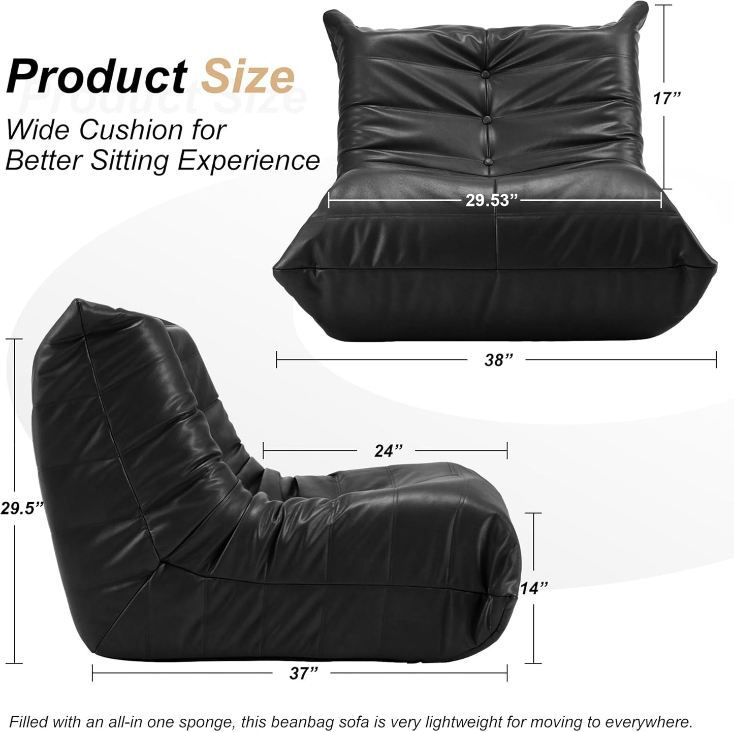 Hobestluk Giant Bean Bag Chair Lazy Floor Sofa, Memory Foam Fireside Sofa for Adults, Big Beanbag Faux Leather Armless Chair for Living Room Bedroom Dorm Office (Brown, Single)