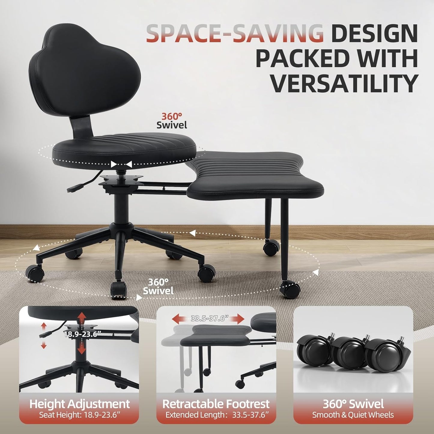 Ergonomic Cross Legged Chair, 360° Swivel Meditation Chair with Wheels, Height Adjustable Seat for Meditation, ADHD & Yoga, PU Leather Yoga Stool for Home Office, Black
