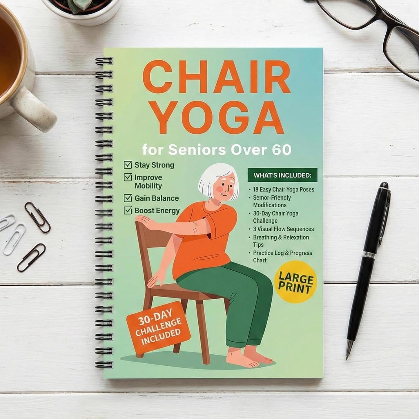 Chair Yoga for Seniors Over 60, 30-Day Challenge Gentle Seated Yoga Exercises Guidebook, Step-by-Step Fitness Planners Instructions Books for Seniors Beginners – 8.2″ x 5.5″ Pink Yoga Book