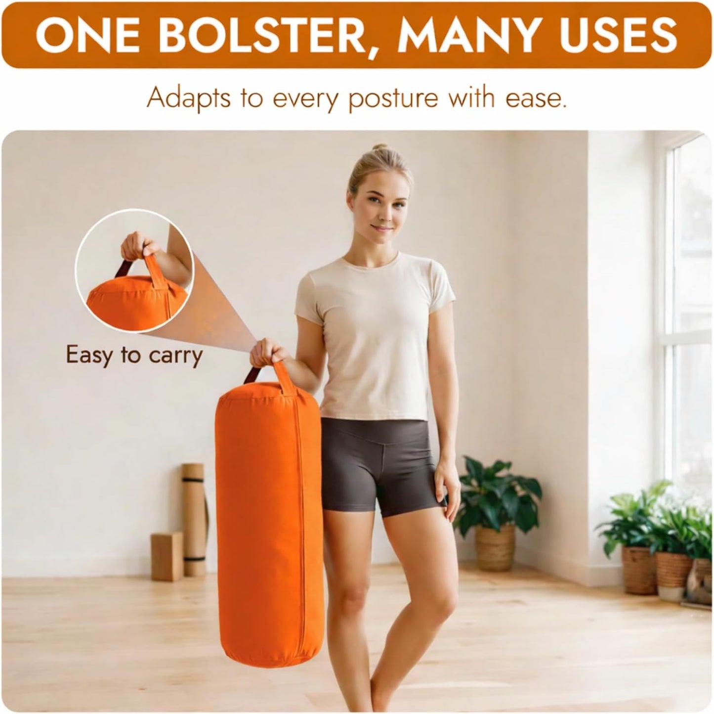Yogikuti Iyengar Yoga Bolster for Restorative Yoga and Meditation – Lightweight Cotton Support Pillow with Handle for Easy Carry, Versatile for Pose Modification, Balance, Back Relief, and Relaxation