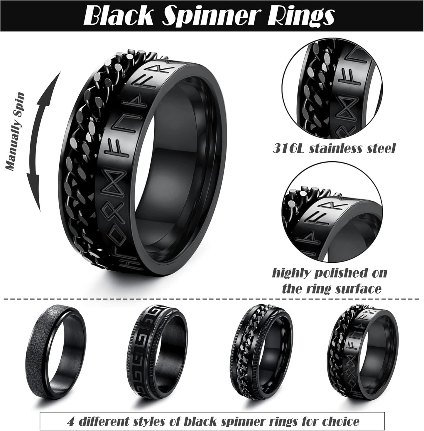 FUNRUN JEWELRY Stainless Steel Fidget Anxiety Ring for Women Men Fidget Spinner Rings Moon Star Celtic Stress Relieving Spinning Ring Wedding Band Rings Set,4-6Pcs