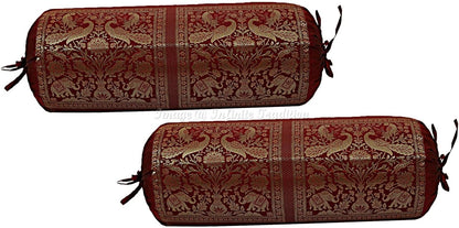 Ethnic Decorative Bolster Tube Pillow Covers Cylindrical Maroon Yoga Large Couch Round Cushion Cover Jacquard Brocade Poly Dupion Silk Small Elephant Throw Pillow Case 76x38cm (30x15 inch) 2 Pc.