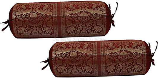 Ethnic Decorative Bolster Tube Pillow Covers Cylindrical Maroon Yoga Large Couch Round Cushion Cover Jacquard Brocade Poly Dupion Silk Small Elephant Throw Pillow Case 76x38cm (30x15 inch) 2 Pc.