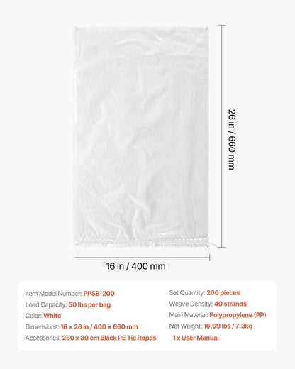 VEVOR Heavy Duty Sand Bags, 50Pack 14" x 26", Empty Sandbags for Flooding with Tie Strings, Woven Polypropylene Sand Bag with 1600 Hours of UV Protection, 50Lbs Capacity